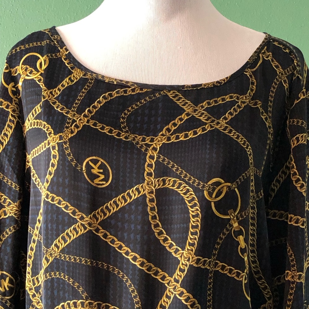 Michael Kors Blue/Black Herringbone Print with Gold Chain Blouse